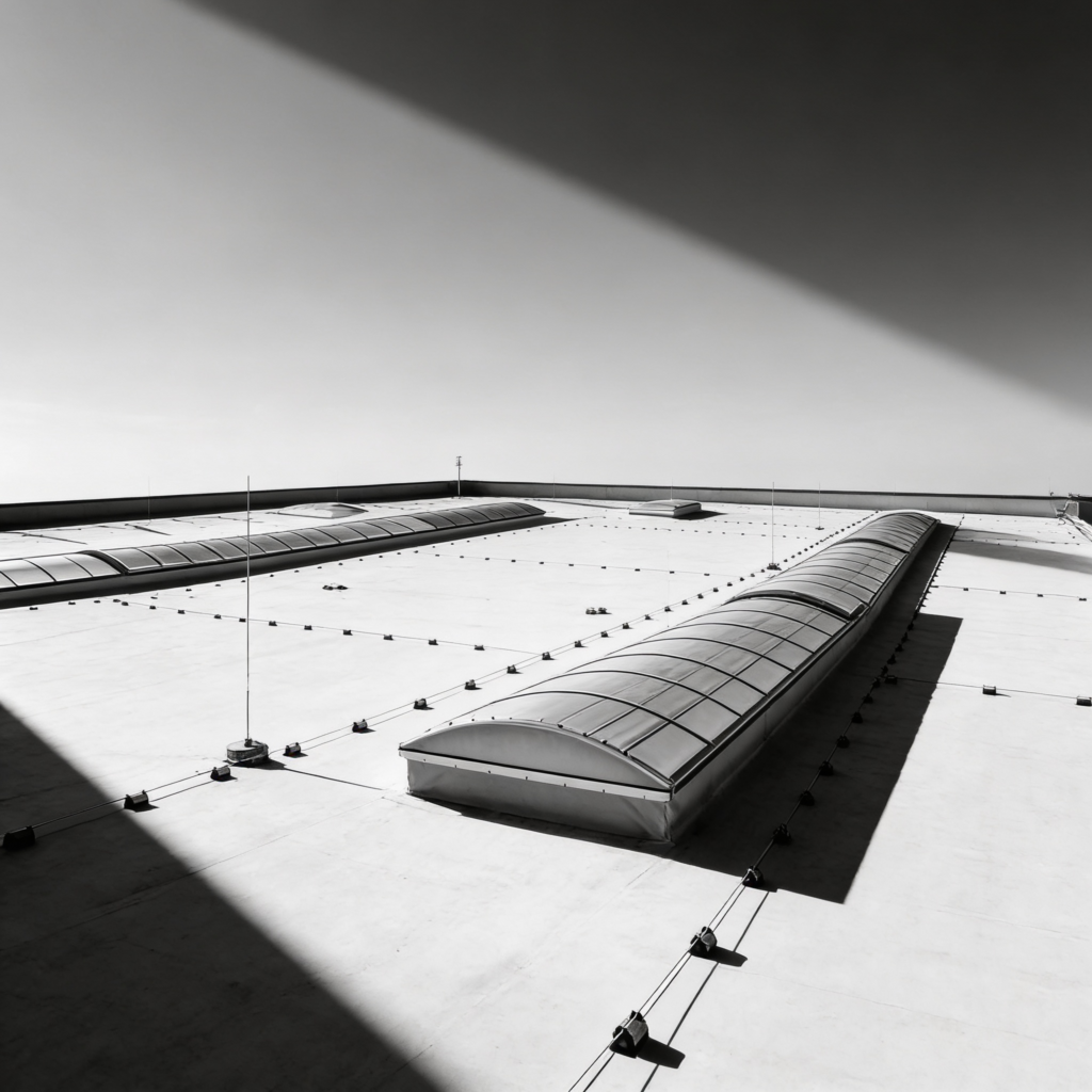 Промислова плоска покрівля з енергоефективними світловими ліхтарями та парапетами